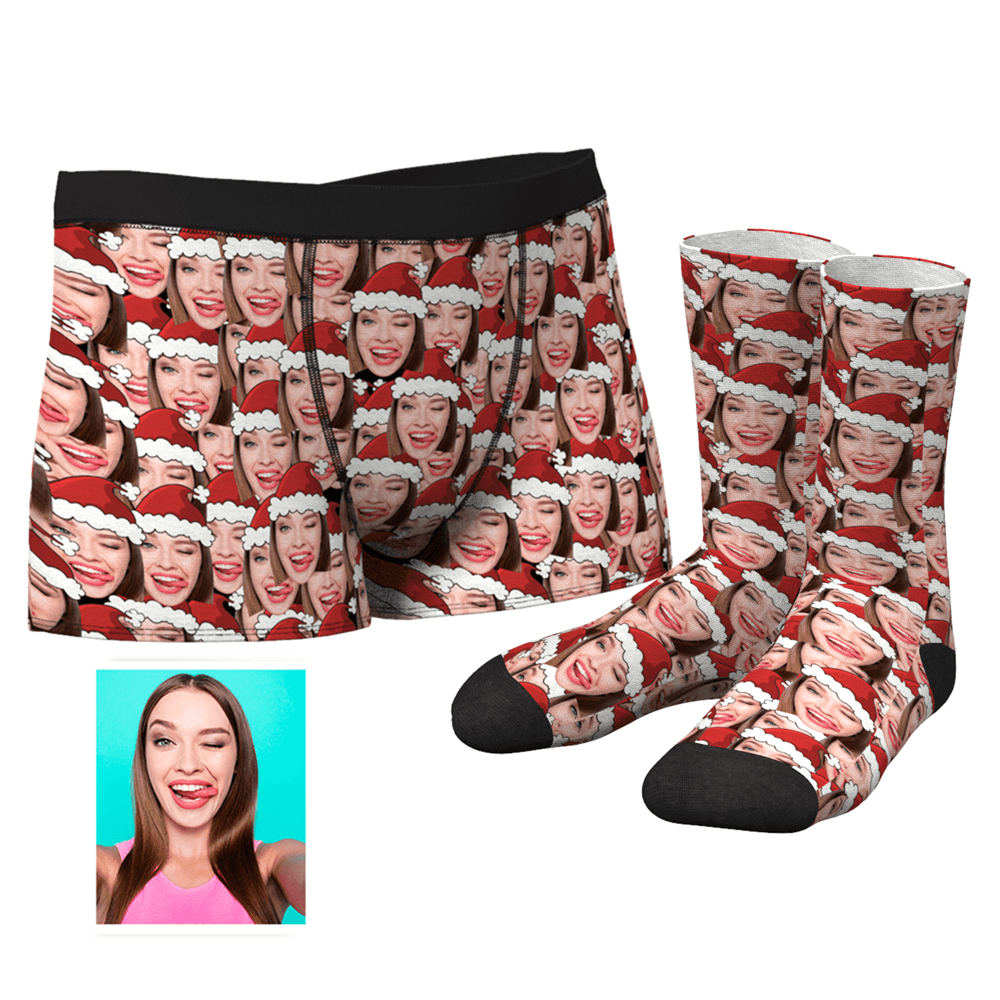 Custom Christmas Hat Face Mash Boxer Shorts And Socks Set - MyPhotoSocksAU