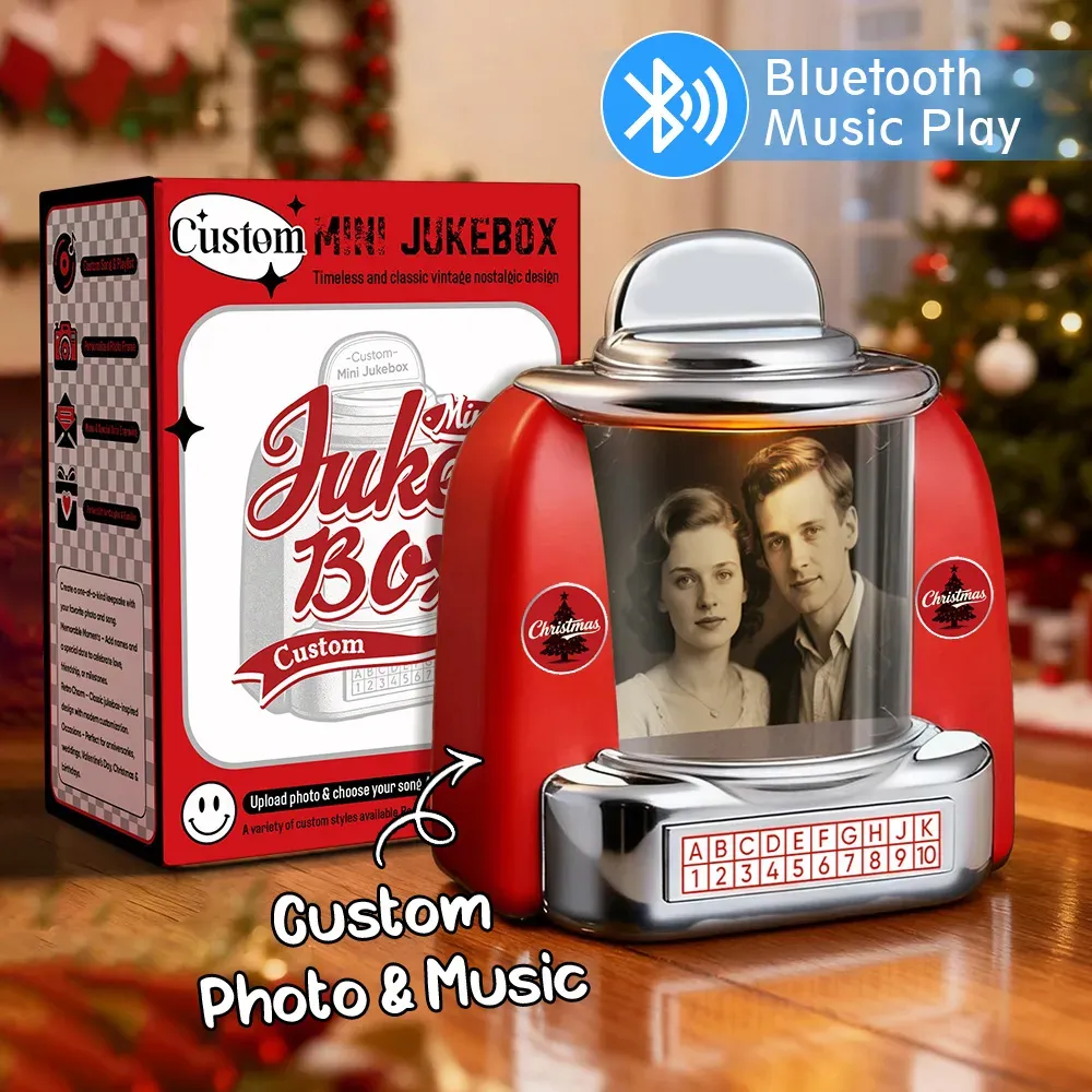 Custom Mini Jukebox Retro Speaker – Personalized Photo Music Mini Player with Radio | Vintage Tabletop Home Decor Nostalgic Gift - MyPhotoSocksAu