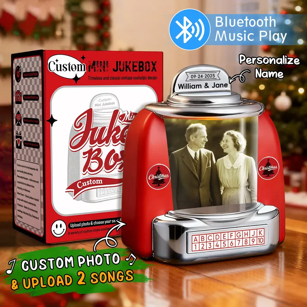 Custom Mini Jukebox Retro Speaker – Personalized Photo,Names & Date Music Mini Player with Bluetooth Music Radio | Vintage Tabletop Home Decor Nostalgic Gift - MyPhotoSocksAu