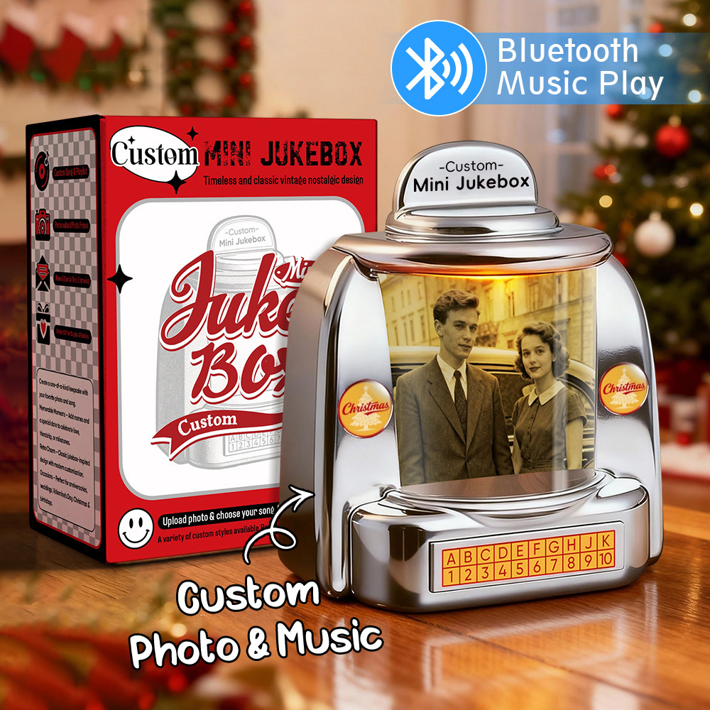 Custom Mini Jukebox Retro Speaker – Personalized Photo,Names & Date Music Mini Player with Bluetooth Music Radio | Vintage Tabletop Home Decor Nostalgic Gift - MyPhotoSocksAu