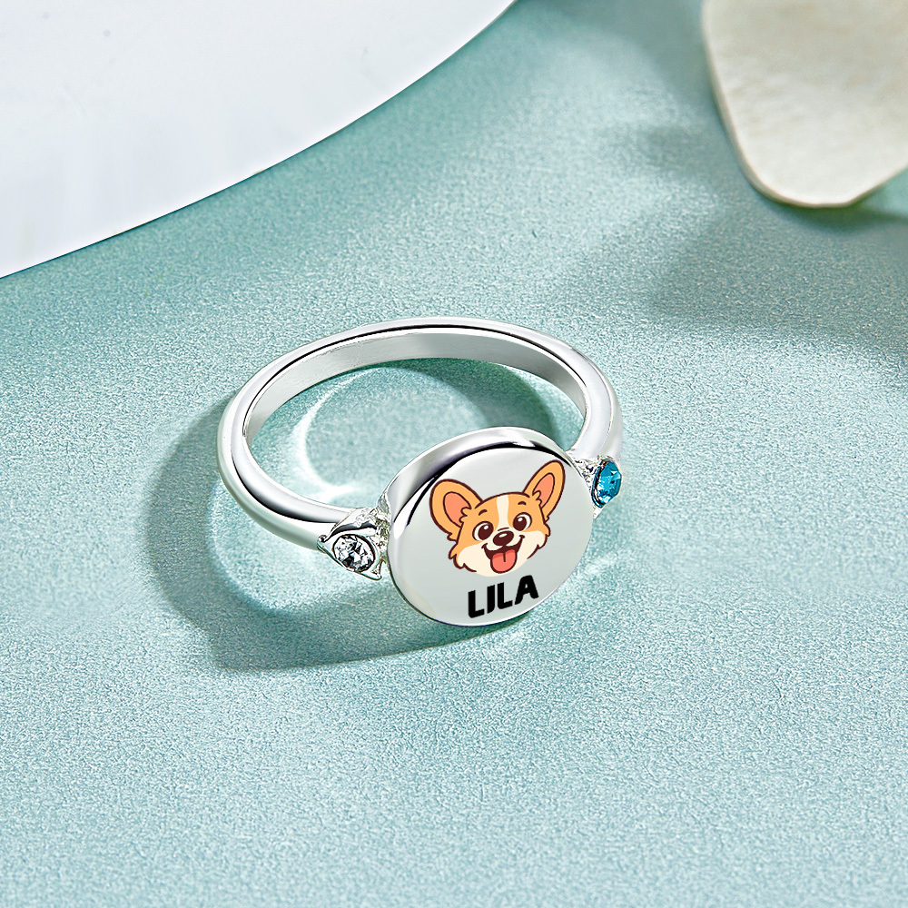 Custom Dog or Cat Ring with Birthstone, Custom Pet Portrait Photo Ring, Dog Cat Memorial Jewelry Gift For Pet Lover, Pet Remembrance, Gift for Her - MyPhotoSocksAu