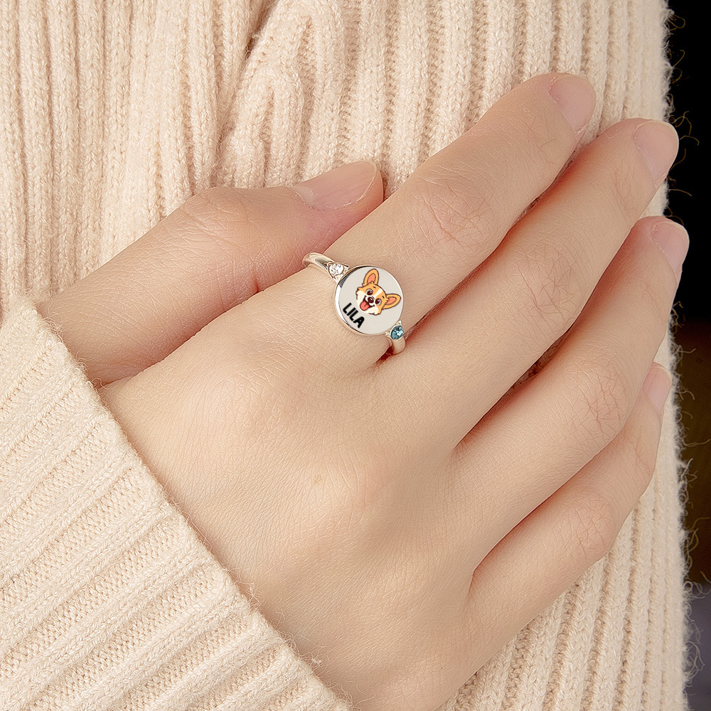 Custom Dog or Cat Ring with Birthstone, Custom Pet Portrait Photo Ring, Dog Cat Memorial Jewelry Gift For Pet Lover, Pet Remembrance, Gift for Her - MyPhotoSocksAu