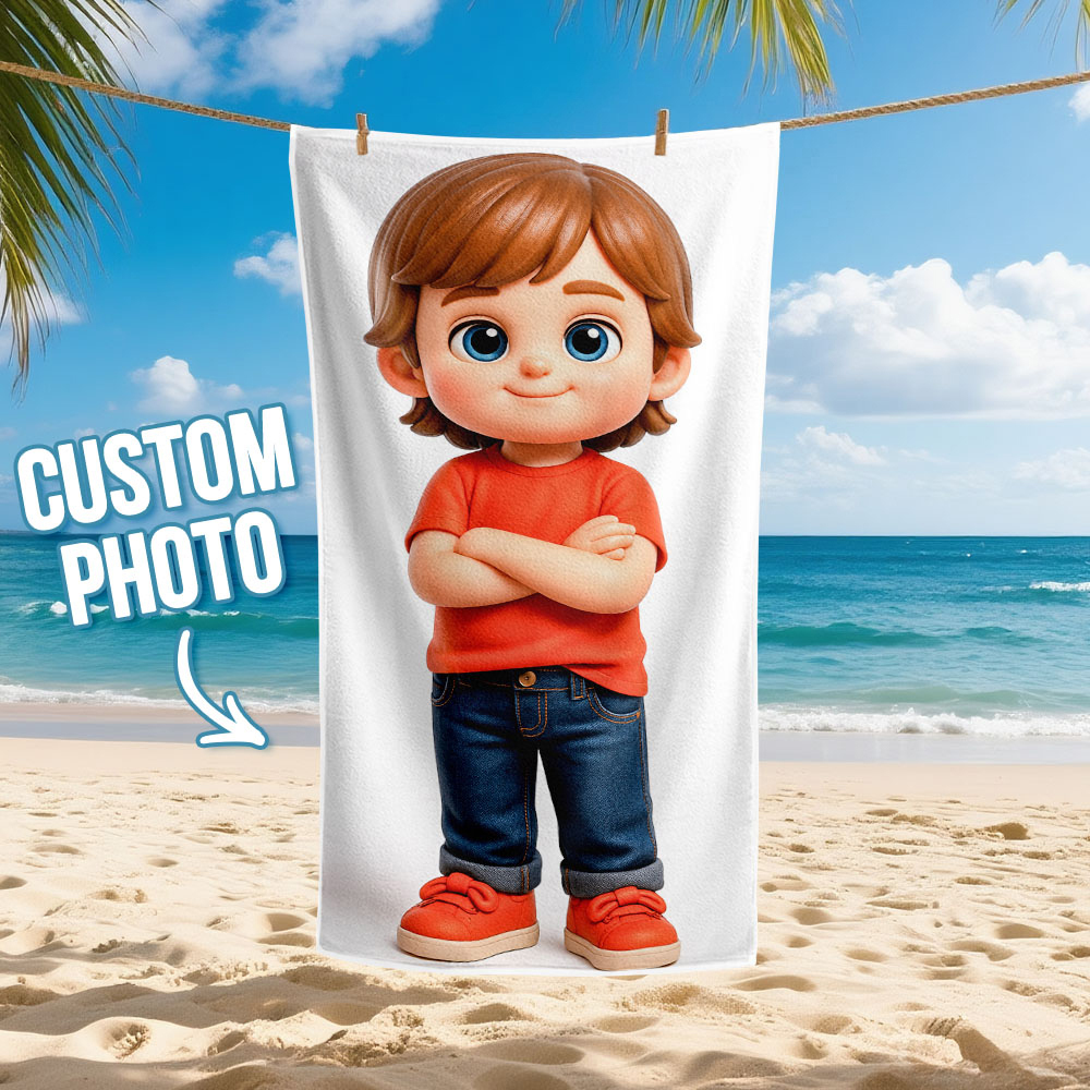 Custom Photo Beach Towel with Cartoon Design Personalized Wedding & Anniversary Gift - MyPhotoSocksAu