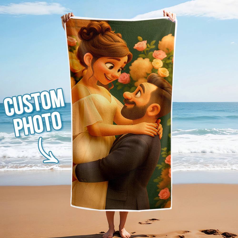 Personalized Cartoon Photo Beach Towel Wedding Gift for Anniversary Personalized Beach Towels - MyPhotoSocksAu