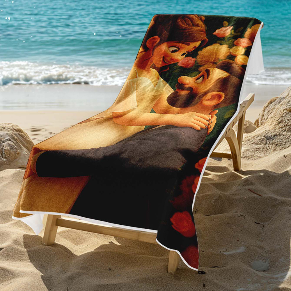Custom Photo Beach Towel with Cartoon Design Personalized Wedding & Anniversary Gift - MyPhotoSocksAu