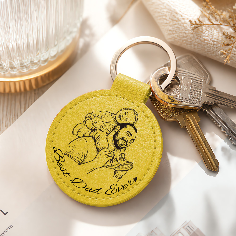 Custom Photo Pencil Sketch Best Dad Ever - Personalized Custom Shaped Leather Keychain - MyPhotoSocksAu
