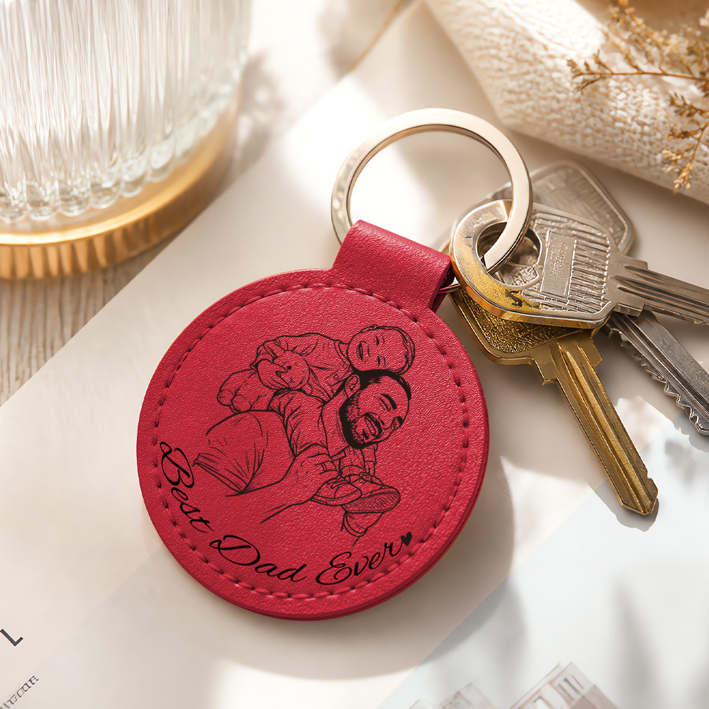 Custom Photo Pencil Sketch Best Dad Ever - Personalized Custom Shaped Leather Keychain - MyPhotoSocksAu