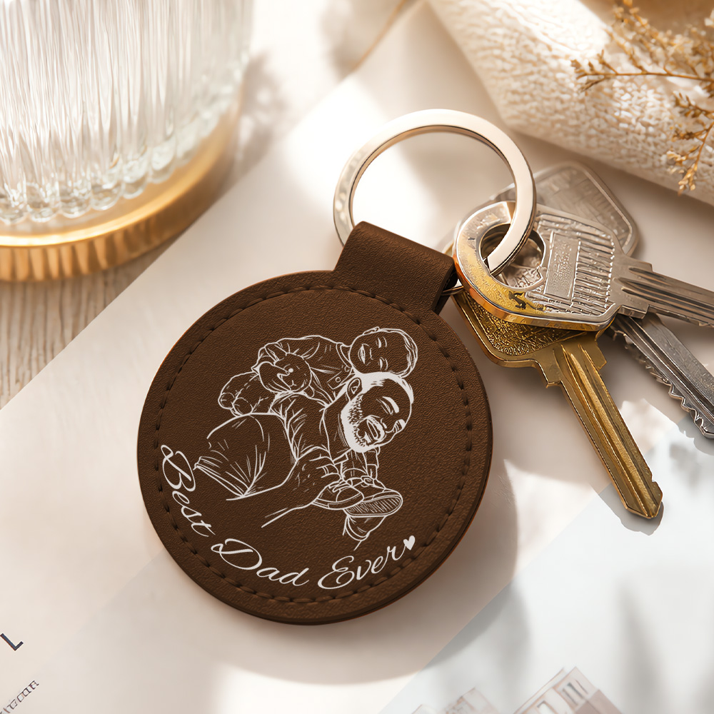 Custom Photo Pencil Sketch Best Dad Ever - Personalized Custom Shaped Leather Keychain