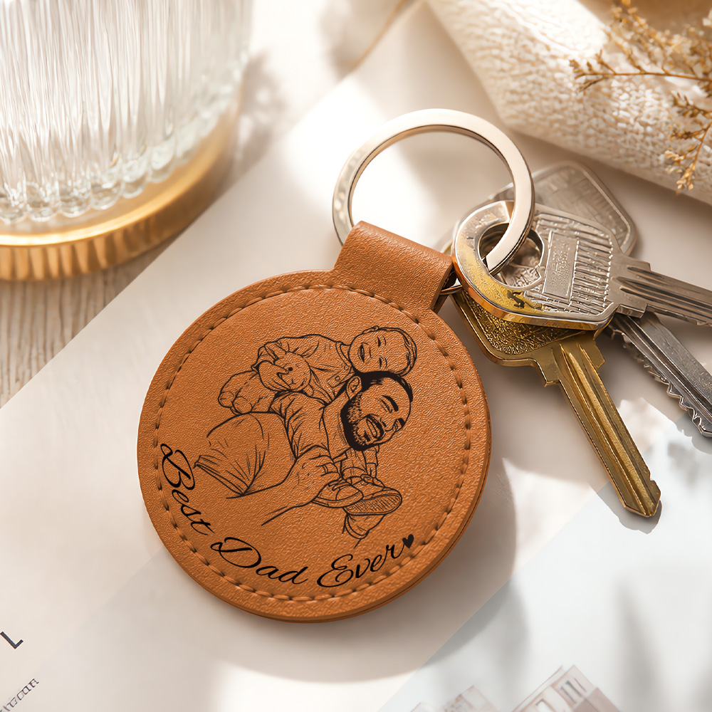 Custom Photo Pencil Sketch Best Dad Ever - Personalized Custom Shaped Leather Keychain
