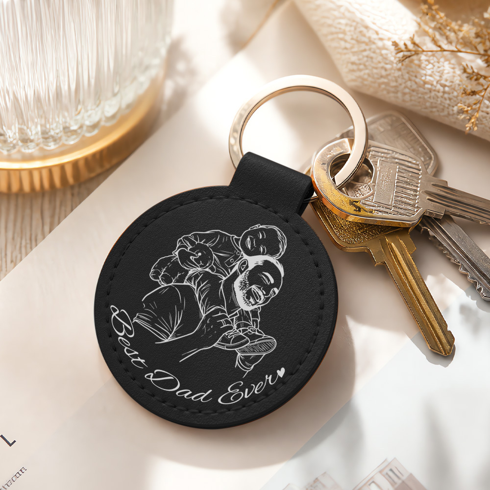 Custom Photo Pencil Sketch Best Dad Ever - Personalized Custom Shaped Leather Keychain - MyPhotoSocksAu