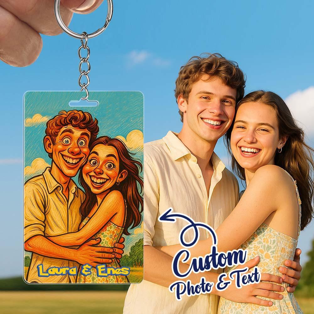Custom Anime Style Couple Keychain �C Personalized Cartoon Gift with Photo & Text Acrylic Keychain Gift