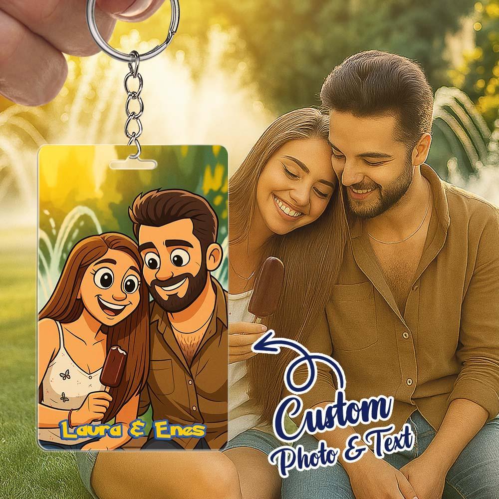 Custom Anime Style Couple Keychain �C Personalized Cartoon Gift with Photo & Text Acrylic Keychain Gift - MyPhotoSocksAu