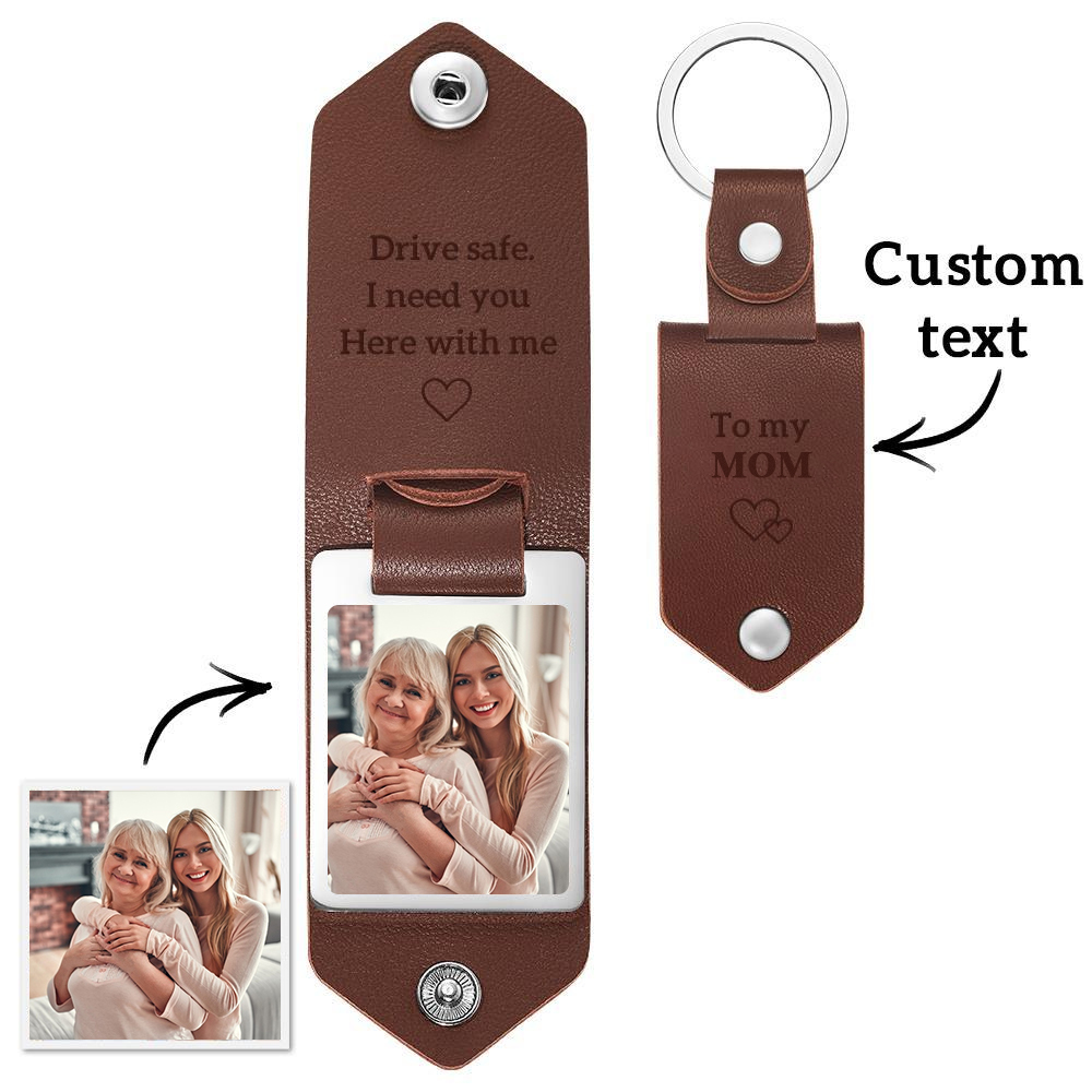 Custom Leather Photo Text Keychain Gift For Mum