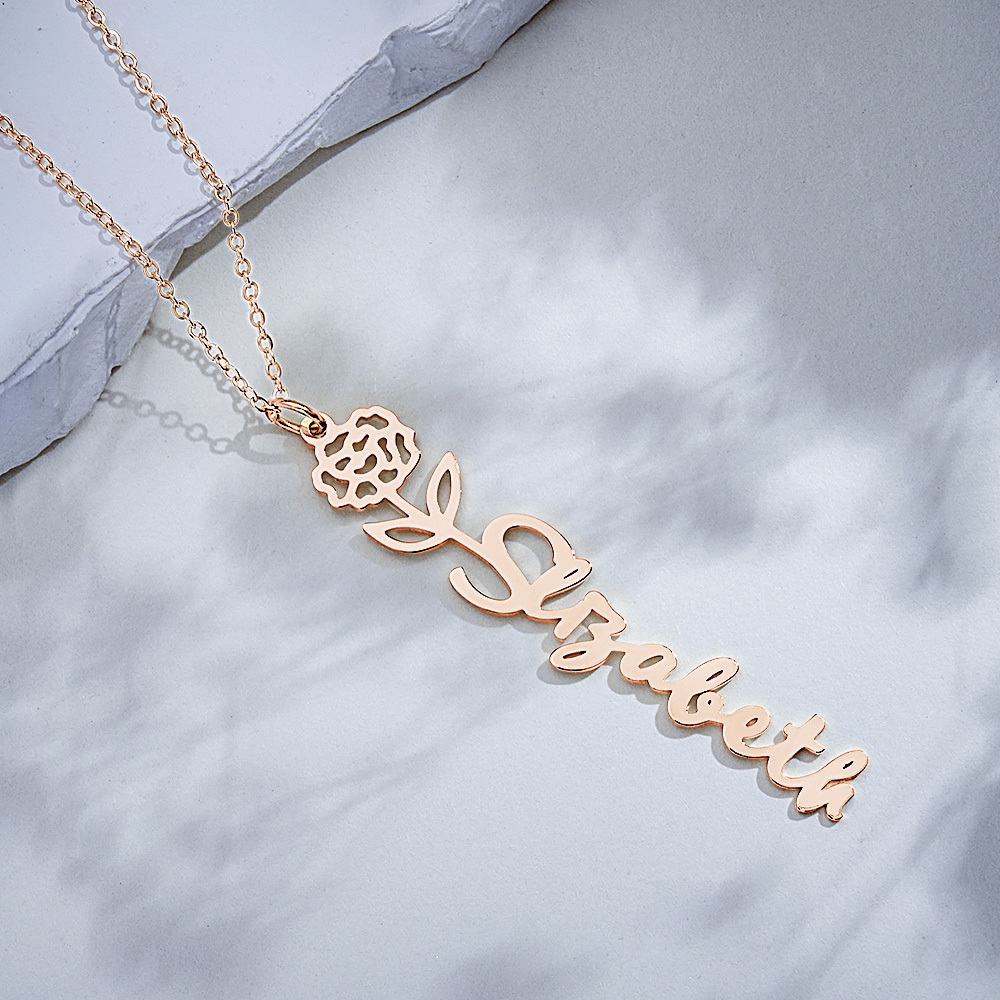 Personalized Birth Flower Name Pendant Stainless Steel Jewelry Gift No Rain No Flowers Necklace - MyPhotoSocksAu