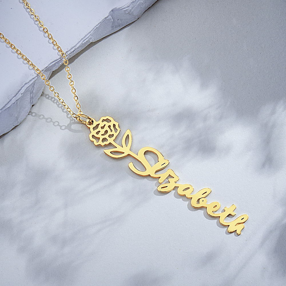 Personalized Birth Flower Name Pendant Stainless Steel Jewelry Gift No Rain No Flowers Necklace - MyPhotoSocksAu