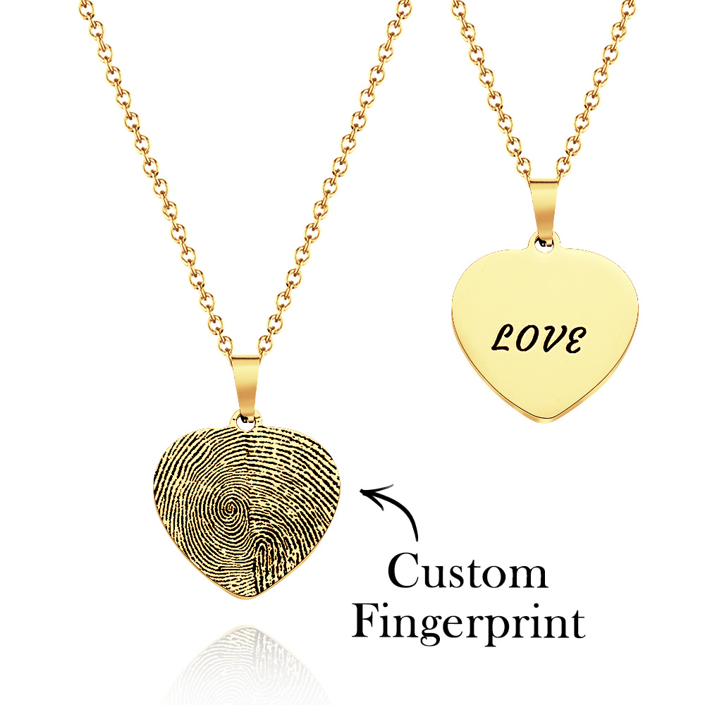 Custom Fingerprint Photo Necklace with Engraving Round Shape Custom Fingerprint Heart Jewelry 14K Gold Plated