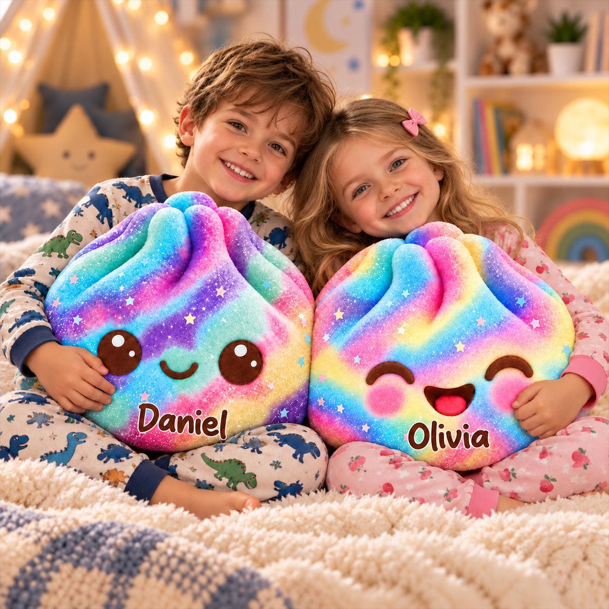 Personalized Rainbow Shaped Pillow, Cute Smiling Character Hugged by a Child, Unique Gift for Kids - MyPhotoSocksAu