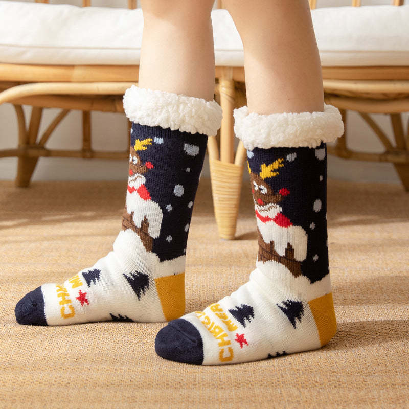 Christmas Socks Plush Coral Fleece Winter Home Floor Socks Navy Blue Slipper Socks - Elk - My Photo Socks AU