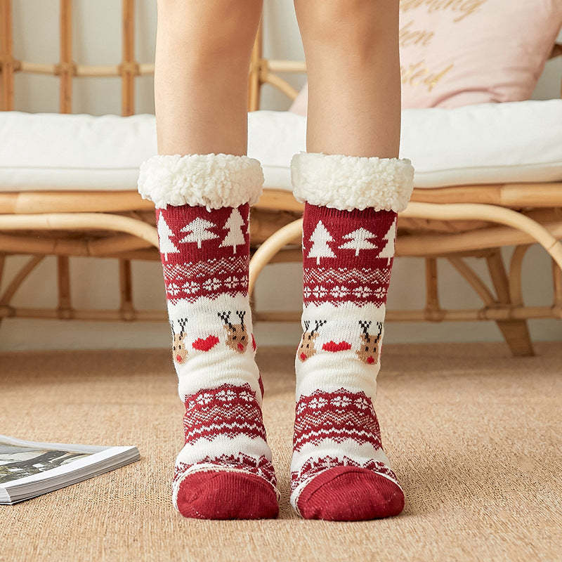 Christmas Socks Plush Coral Fleece Winter Home Floor Socks Wine Red Slipper Socks - Love Deer - My Photo Socks AU