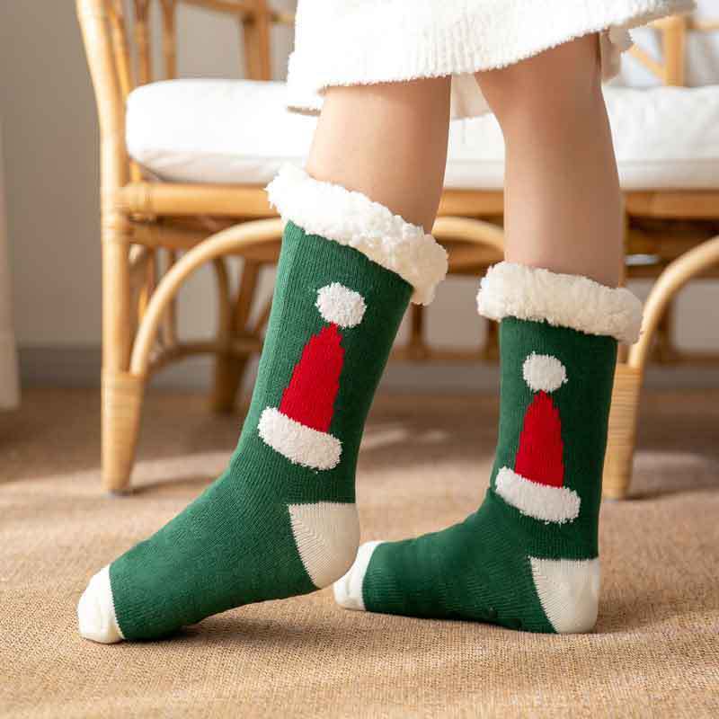 Christmas Socks Plush Coral Fleece Winter Home Floor Socks Green Slipper Socks - Santa Hat - My Photo Socks AU
