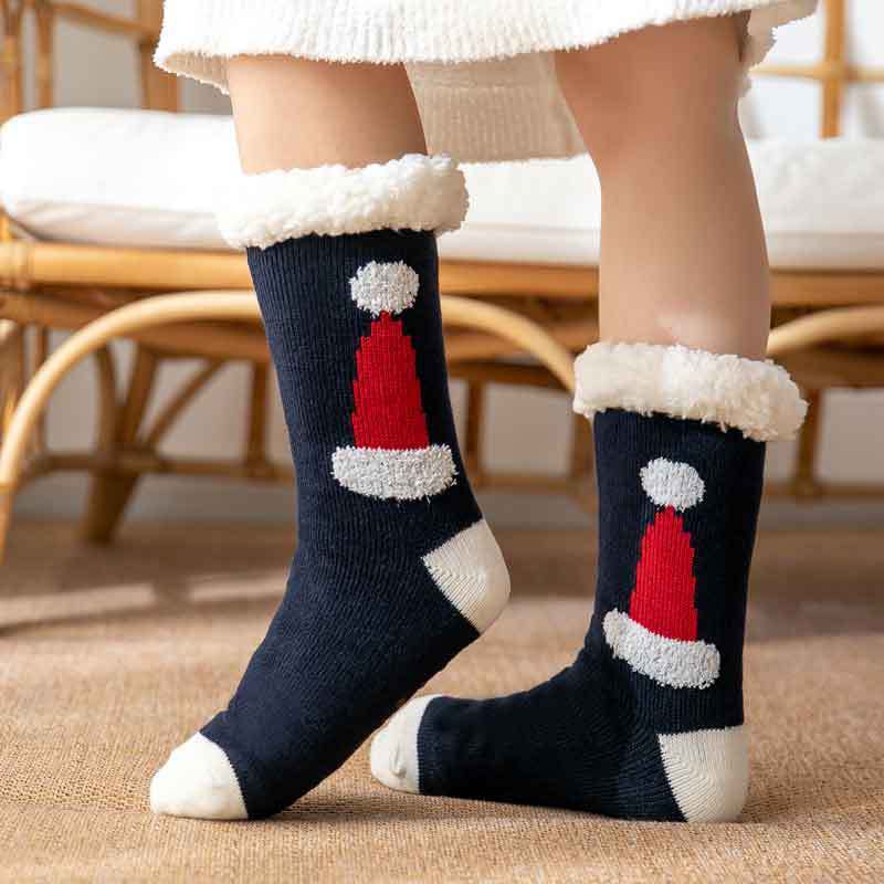 Christmas Socks Plush Coral Fleece Winter Home Floor Socks Navy Blue Slipper Socks - Christmas Hat - My Photo Socks AU