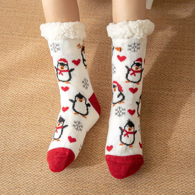 Christmas Socks Plush Coral Fleece Winter Home Floor Socks White Slipper Socks - Penguin - My Photo Socks AU