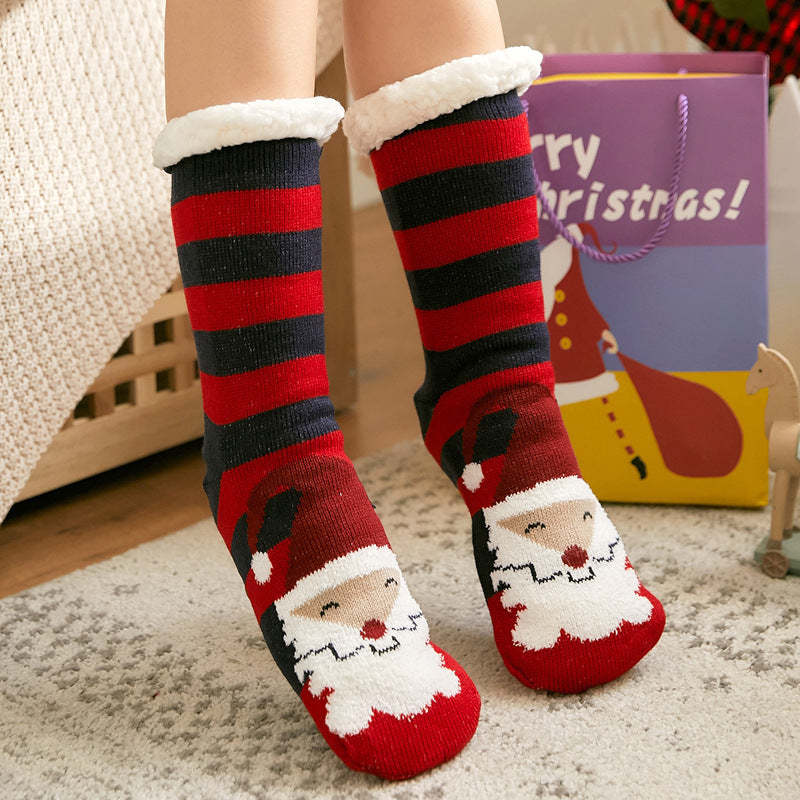 Christmas Socks Plush Coral Fleece Winter Home Floor Socks Red Stripes Slipper Socks - Santa Claus in Hat - My Photo Socks AU