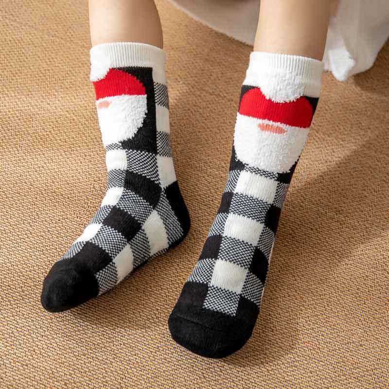 Christmas Socks Plush Coral Fleece Winter Home Floor Socks Black Plaid Slipper Socks - Santa Claus - My Photo Socks AU
