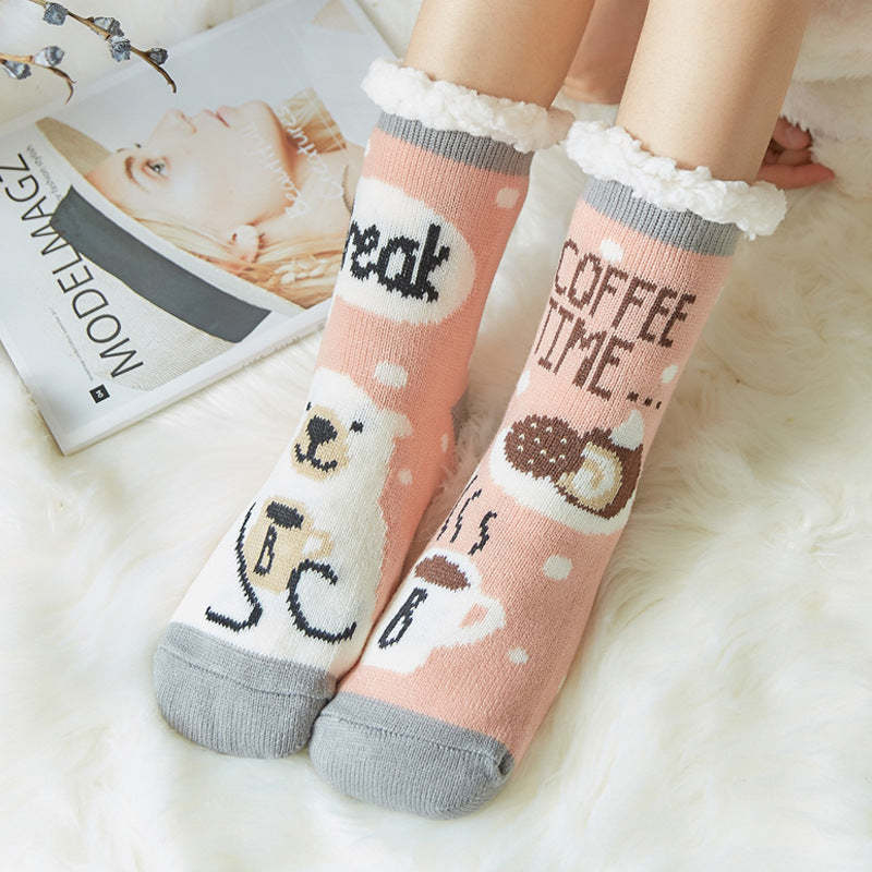 Christmas Socks Plush Coral Fleece Winter Home Floor Socks Black Plaid Slipper Socks - Polar Bear - My Photo Socks AU
