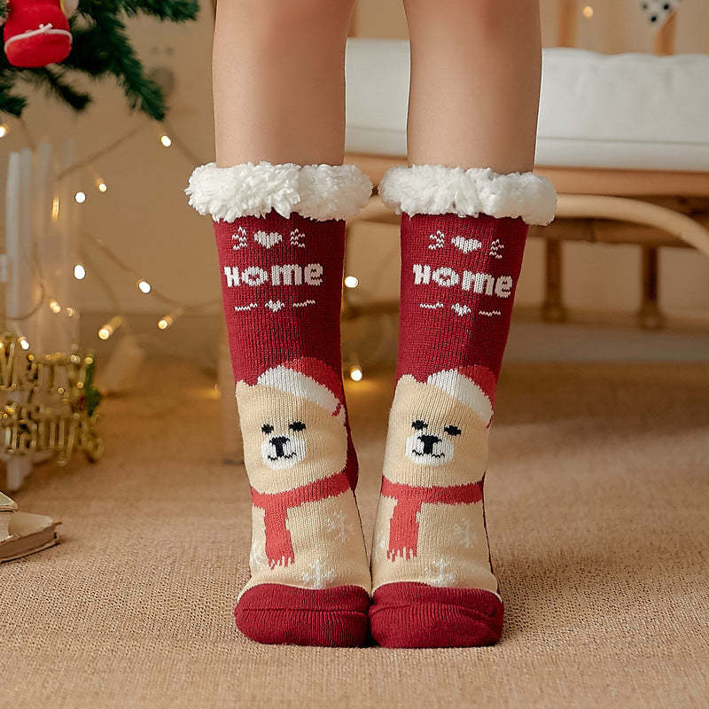 Christmas Socks Plush Coral Fleece Winter Home Floor Socks Red Slipper Socks - Scarf Bear - My Photo Socks AU