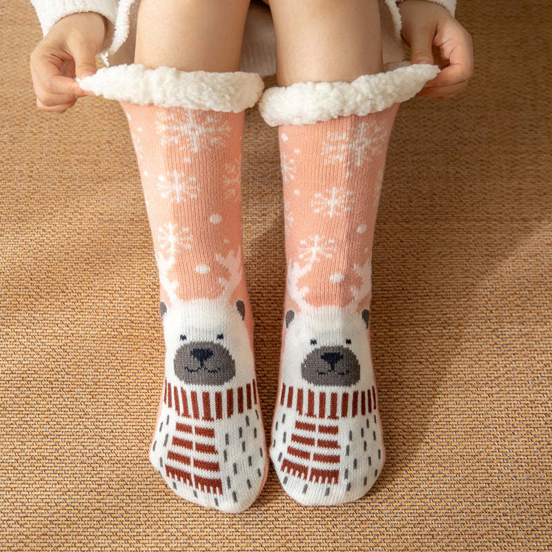 Christmas Socks Plush Coral Fleece Winter Home Floor Socks Light Pink Slipper Socks - Snow Bear - My Photo Socks AU