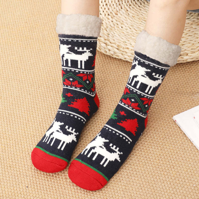 Christmas Socks Plush Coral Fleece Winter Home Floor Socks Black and Red Slipper Socks - Little Deer - My Photo Socks AU