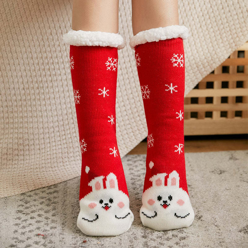 Christmas Socks Plush Coral Fleece Winter Home Floor Socks Red Slipper Socks - Rabbit - My Photo Socks AU