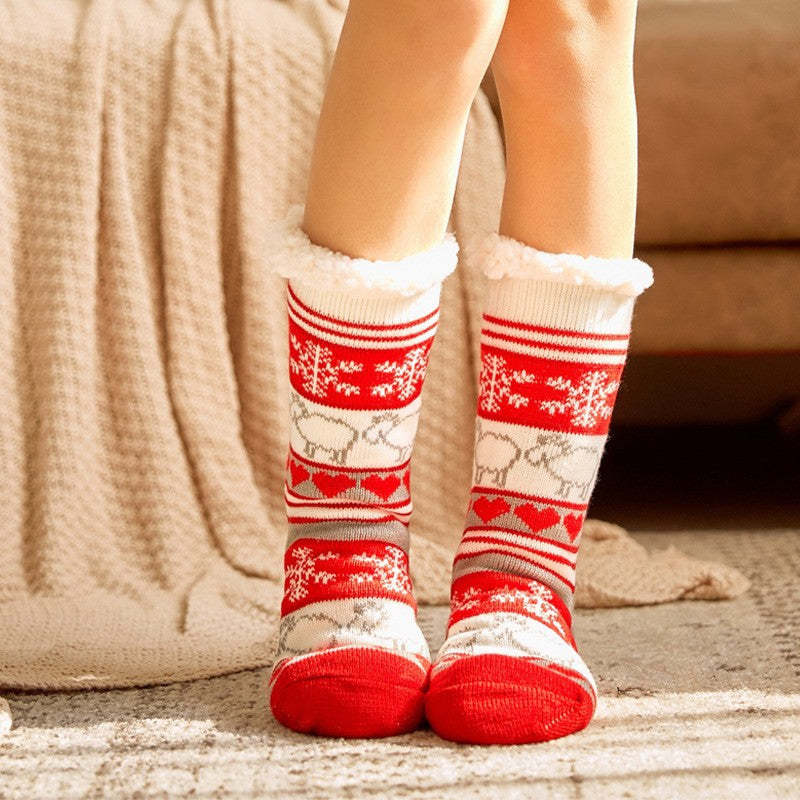 Christmas Socks Plush Coral Fleece Winter Home Floor Socks Red Slipper Socks - Snowflake Sheep - My Photo Socks AU