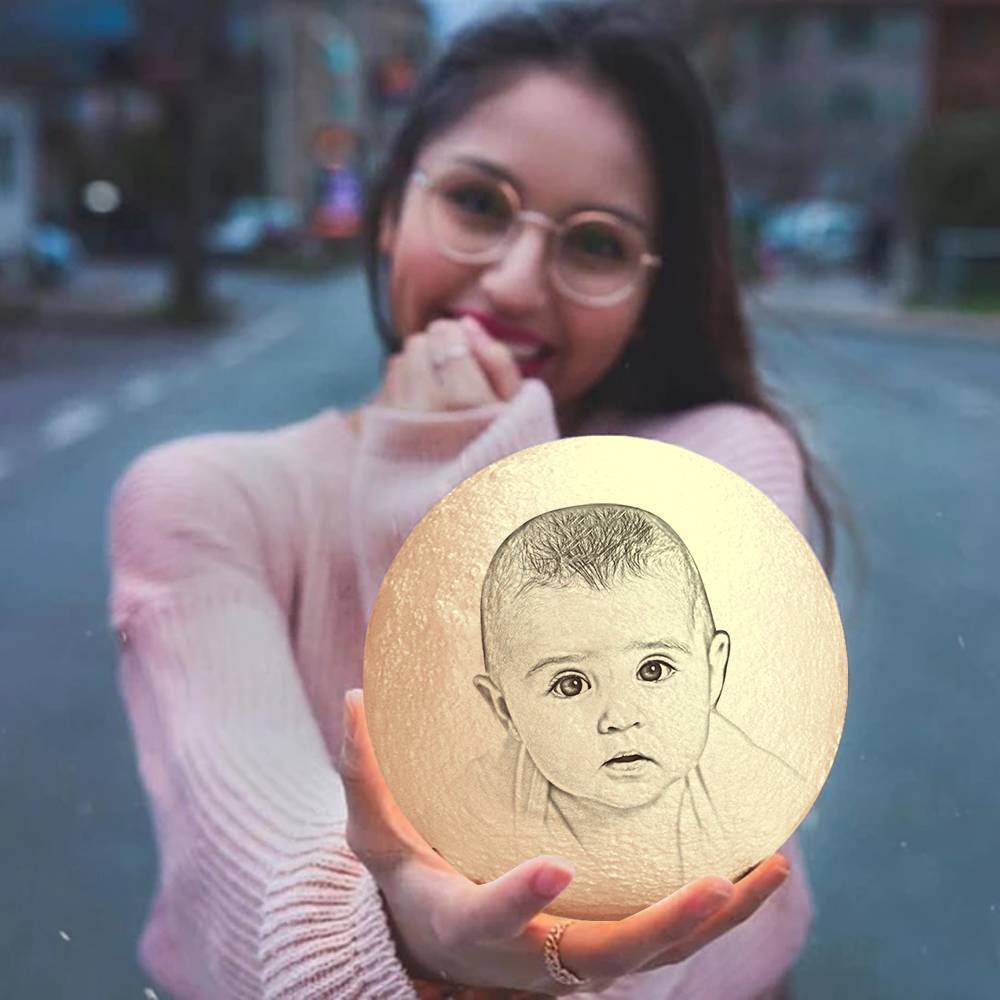Personalised 3D Photo Moon Lamp &With Your Text- Touch 2 Colour Family - MyPhotoSocksAu