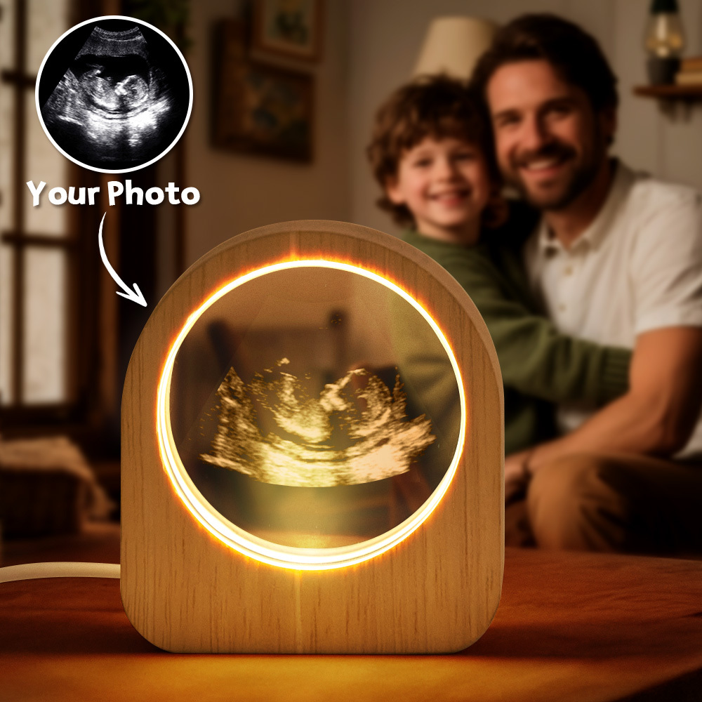 Father's Day Gift Custom Crystal Picture Photo Glass Night Light B-ultrasound Photos LED Light Wooden Base, Unique Gift for Lover
