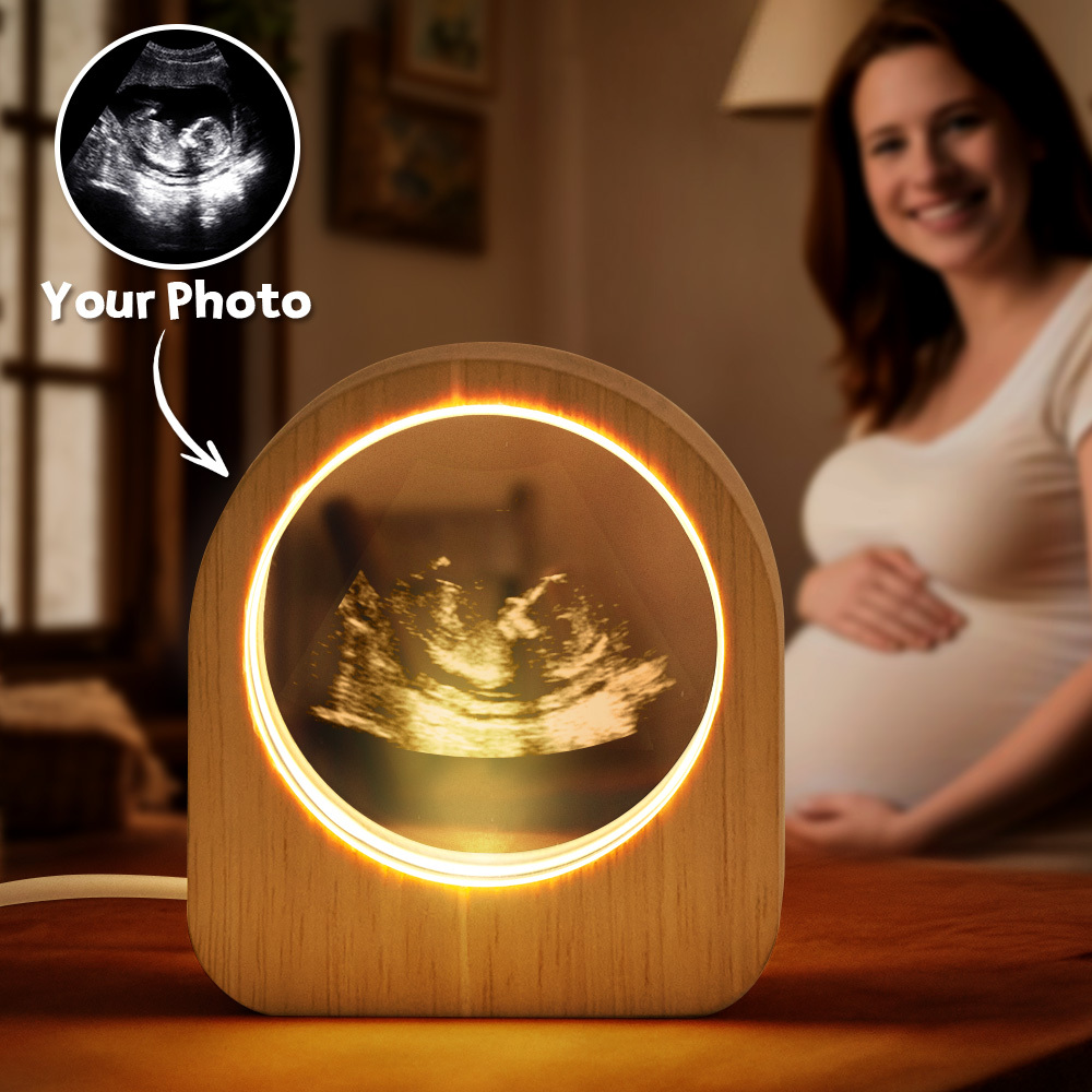 Father's Day Gift Custom Crystal Picture Photo Glass Night Light B-ultrasound Photos LED Light Wooden Base, Unique Gift for Lover