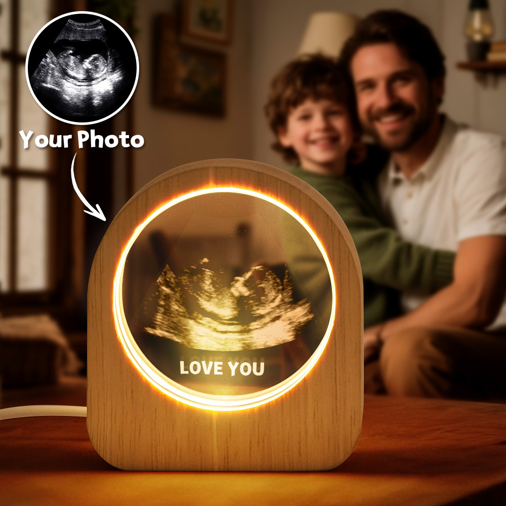Father's Day Gift Custom Crystal Picture Photo Glass Night Light B-ultrasound Photos LED Light Wooden Base, Unique Gift for Lover