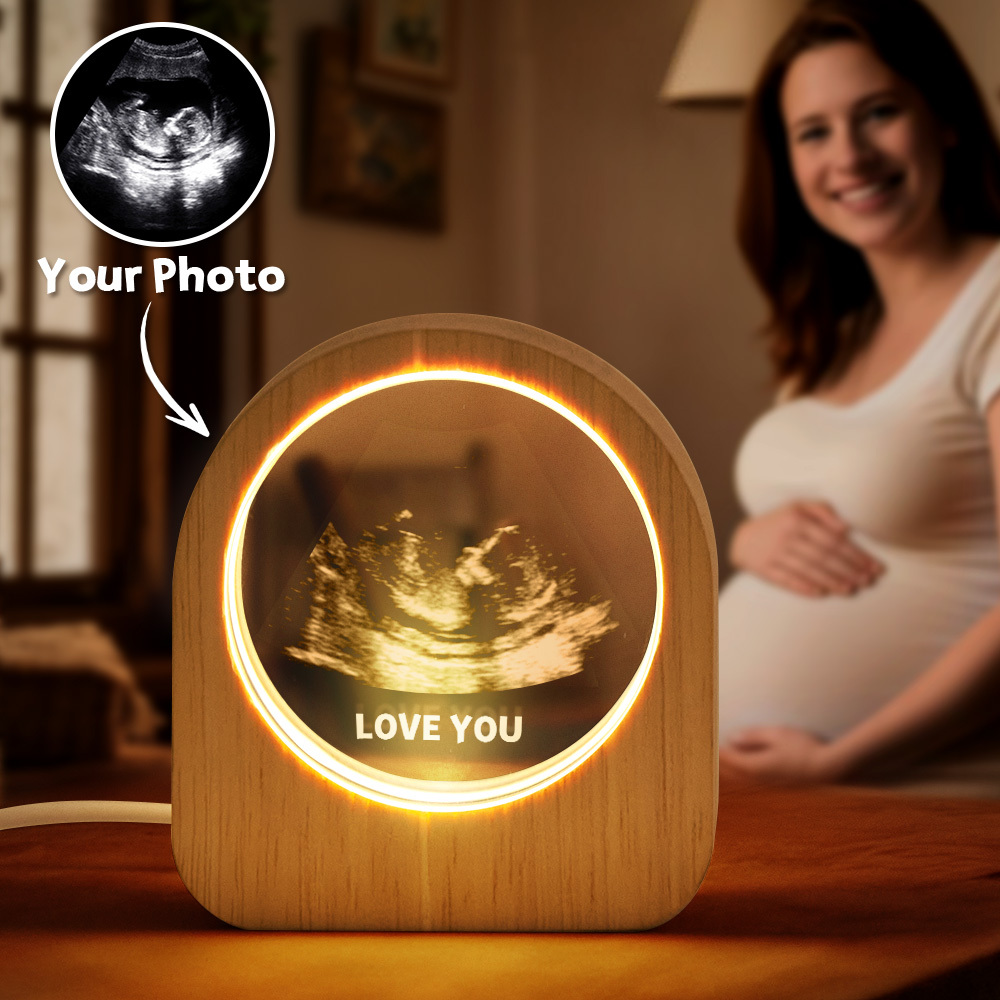 Father's Day Gift Custom Crystal Picture Photo Glass Night Light B-ultrasound Photos LED Light Wooden Base, Unique Gift for Lover