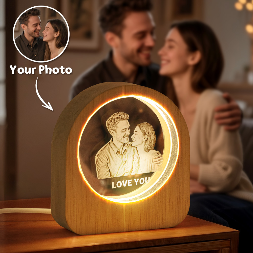Custom Crystal Picture Photo Glass Night Light - LED Light Wooden Base, Unique Gift for Lover, Pets, Birthday - MyPhotoSocksAu