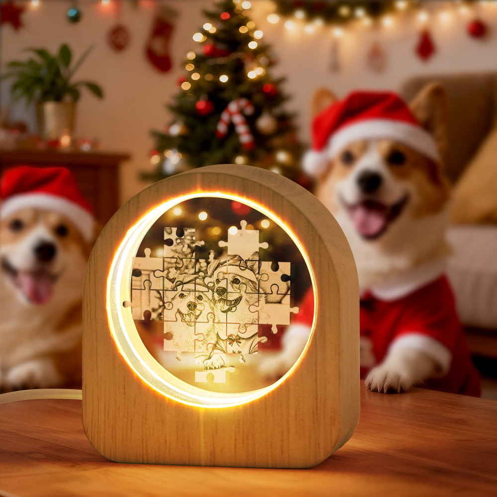Christmas Gift Custom Crystal Picture Photo Glass Night Light - LED Light Wooden Base, Unique Gift for Lover, Pets, Birthday - MyPhotoSocksAu