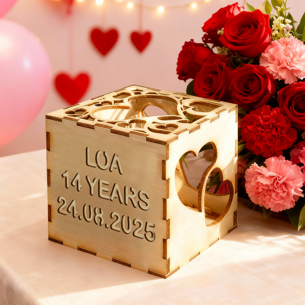Valentine's Day Personalized Wooden Projection Night Light Cube – Custom Name, Age & Date | Heart Shadow Memory Lamp Gift for Anniversaries - MyPhotoSocksAu
