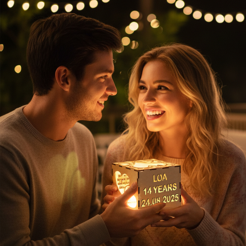 Valentine's Day Personalized Wooden Projection Night Light Cube – Custom Name, Age & Date | Heart Shadow Memory Lamp Gift for Anniversaries - MyPhotoSocksAu