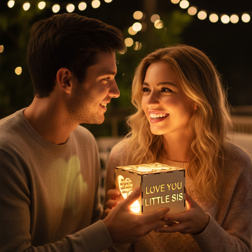 Valentine's Day Personalized Wooden Projection Night Light Cube – Custom Name, Age & Date | Heart Shadow Memory Lamp Gift for Anniversaries - MyPhotoSocksAu