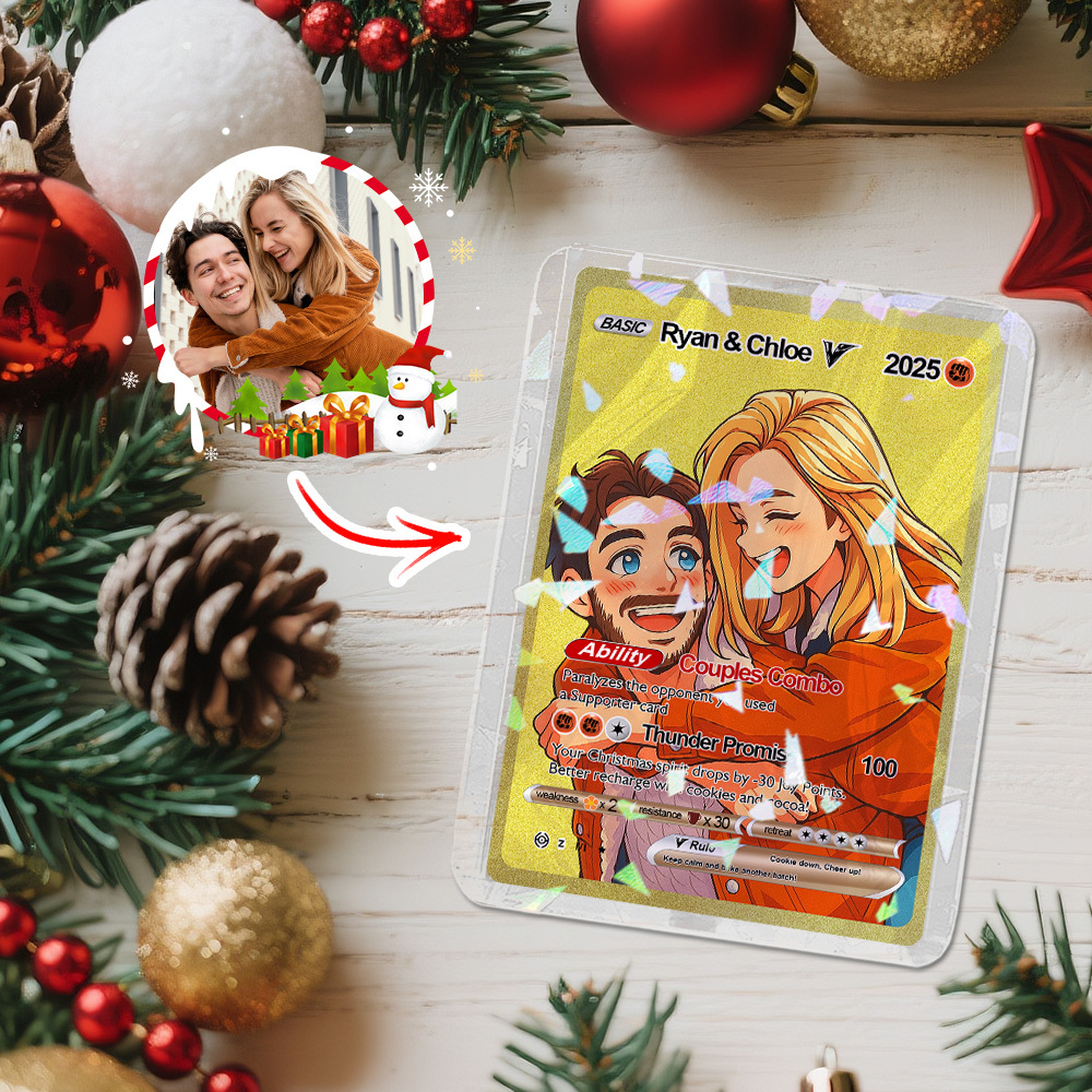 Custom Christmas Golden Card  Anime Style Mini Collectible Sparkling Gift for Him Her or Friends - MyPhotoSocksAu