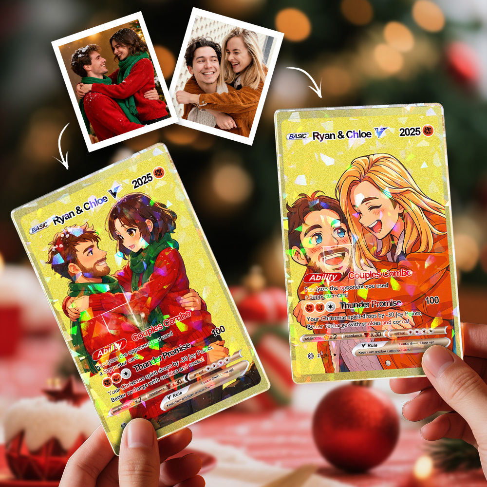 Custom Christmas Golden Card  Anime Style Mini Collectible Sparkling Gift for Him Her or Friends - MyPhotoSocksAu