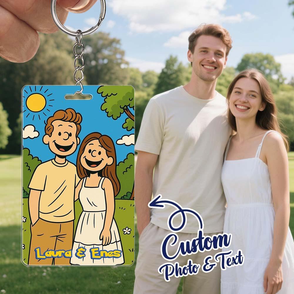 Custom Anime Style Couple Keychain �C Personalized Cartoon Gift with Photo & Text Acrylic Keychain Gift - MyPhotoSocksAu