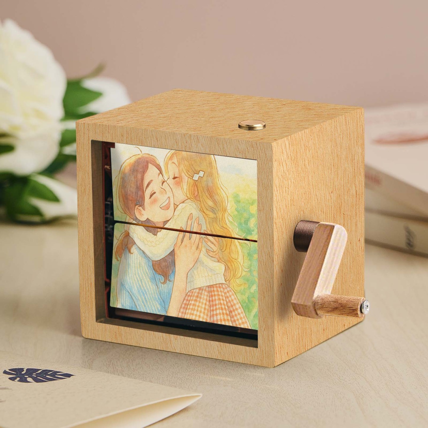 Custom Hand-Crank Flipbook Box Mechanical Anime Photo Album with Light Walnut Baby Photo Cube Frame Creative Gift - MyPhotoSocksAu