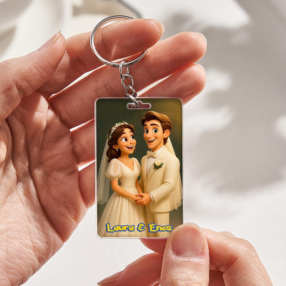 Custom Anime Style Couple Keychain �C Personalized Cartoon Gift with Photo & Text Acrylic Keychain Gift - MyPhotoSocksAu