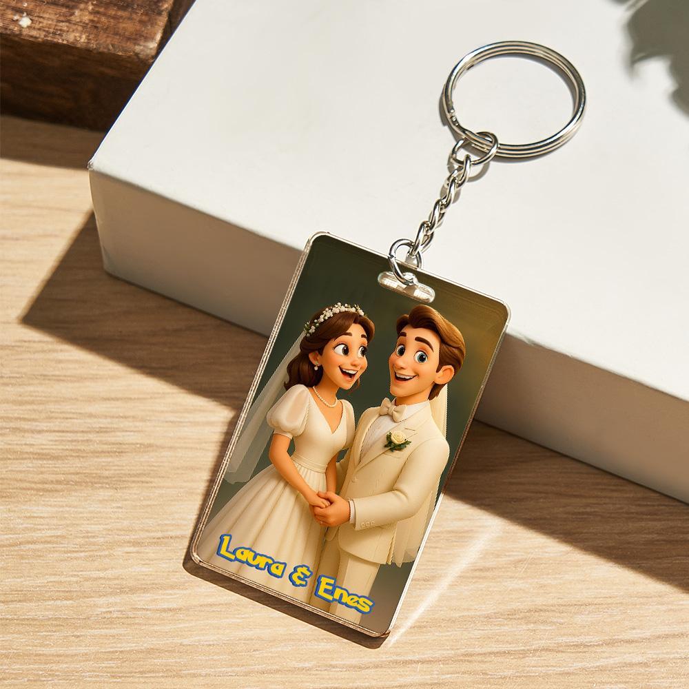 Custom Anime Style Couple Keychain �C Personalized Cartoon Gift with Photo & Text Acrylic Keychain Gift - MyPhotoSocksAu